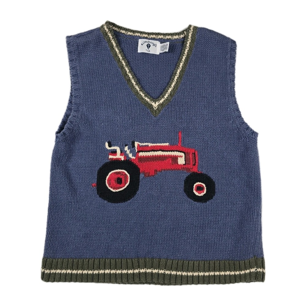 Kitestrings Boys Vintage Tractor Sweater Vest Blue V-Neck Cotton Size 12/14